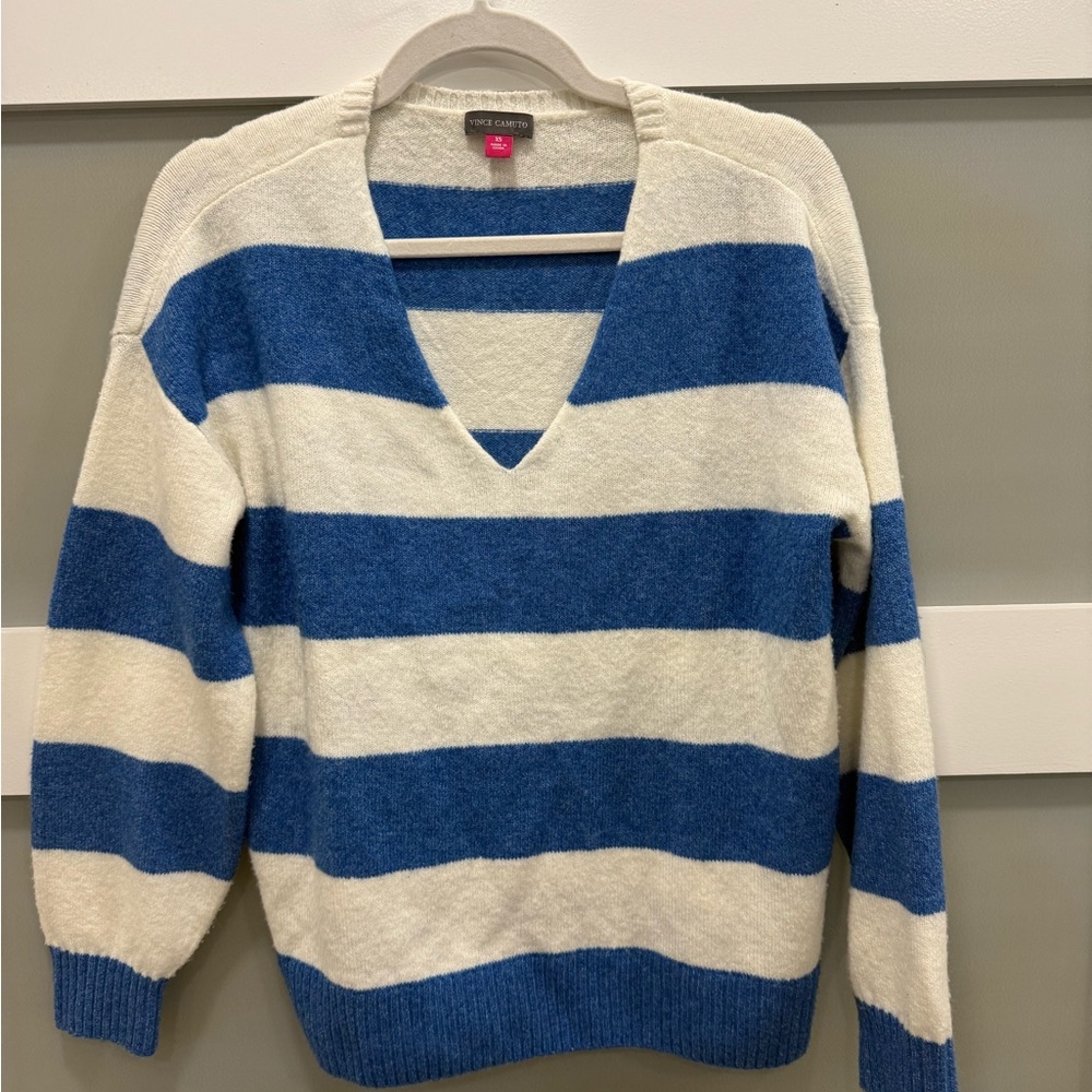 Vince Camuto Blue and Cream Striped V-Neck Sweater